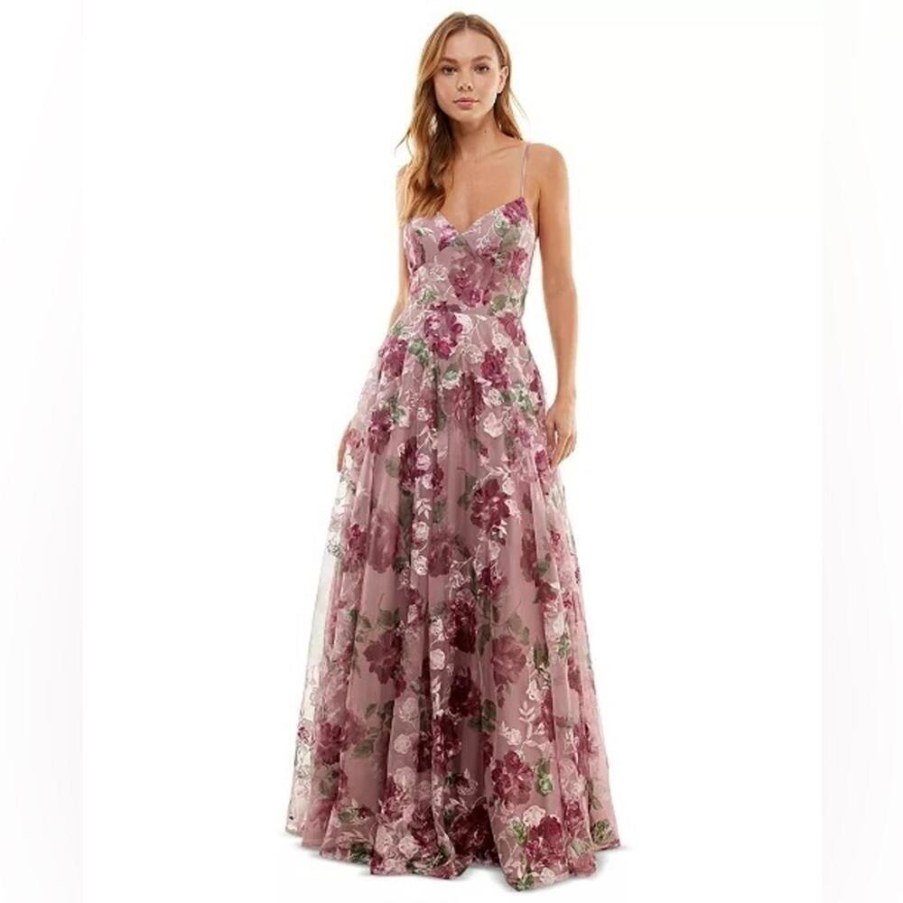 SAY YES TO THE PROMJuniors'Embroidered Floral Lace-Up Gown evening dress 5 dress - Picture 3 of 15